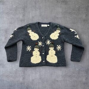 BellePointe Snowman Cardigan Women XL Blue Wool Blend Vintage Holiday Sweater